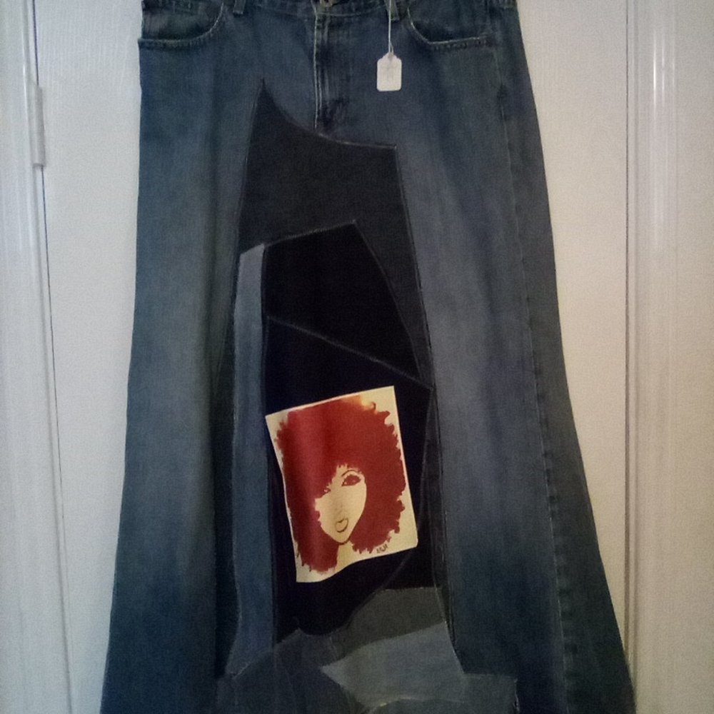 Red Woman Blue Jean Skirt